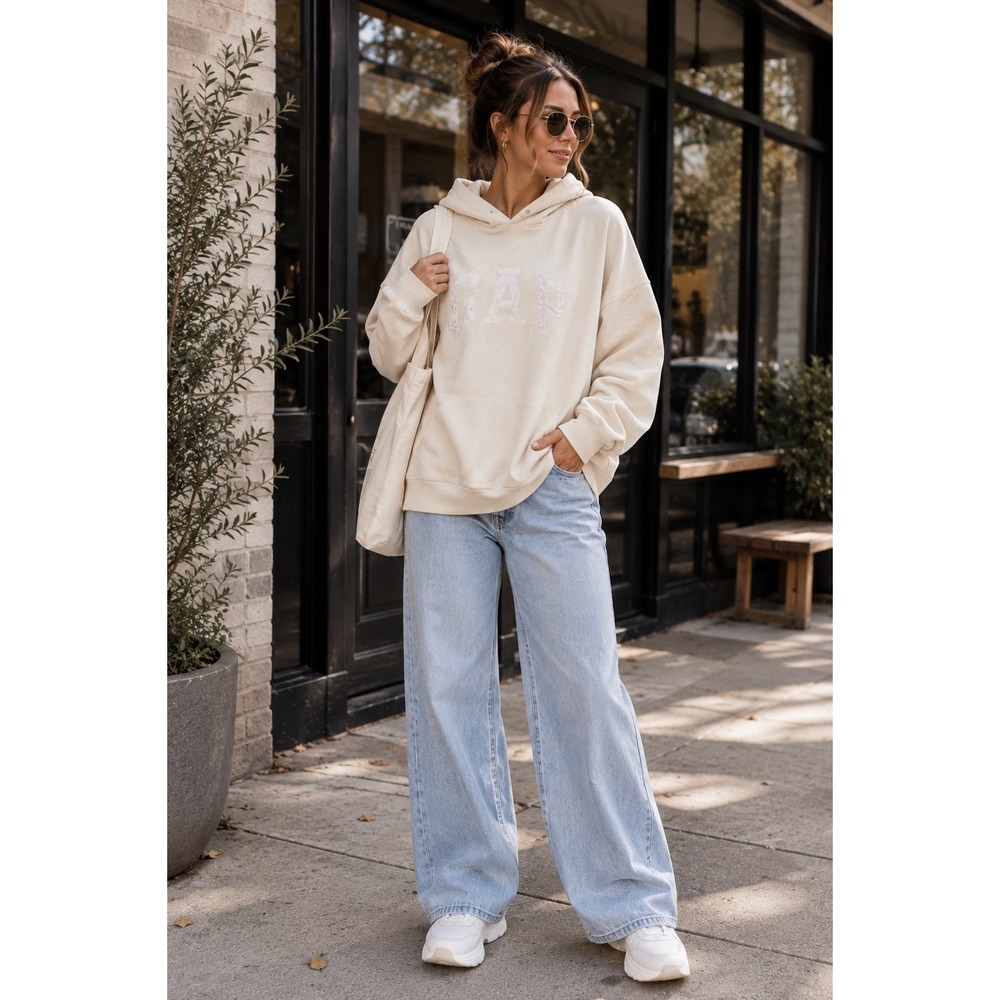 Gap Large Cream Logo Hoodie Womens Oversized Pullover Sweatshirt L